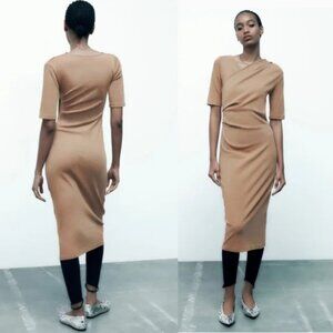 Zara Knit Draped Midi Dress NWT in Tan Small